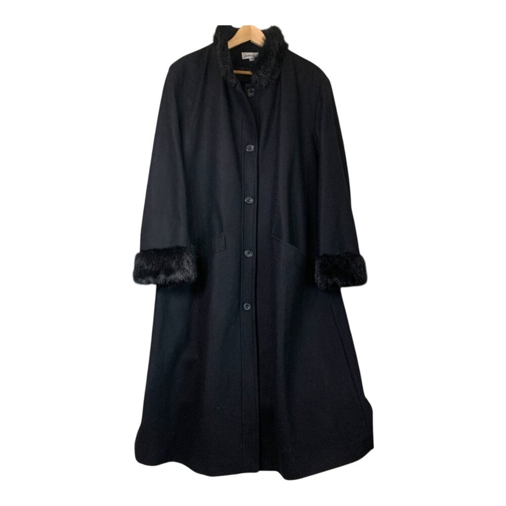 VTG Jonathan Michael Women's Black Wool Blend Long Coat Faux Fur Trim‎ Size 18W - Picture 6 of 15